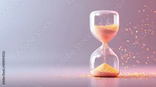 An ic depiction of a clear glass hourglass in motion with golden sand flowing to mark the passage of time representing concepts like deadlines du n and ephemeral moments