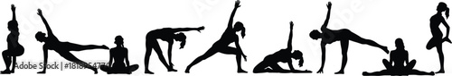 Set of female yoga silhouettes performing various stretching exercises and meditation poses, black vector illustration isolated on white background.