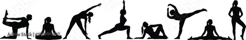 Set of female yoga silhouettes performing various stretching exercises and meditation poses, black vector illustration isolated on white background.