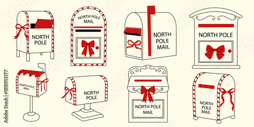 Set of hand drawn north pole Christmas mailbox. Festive holiday letterbox.	