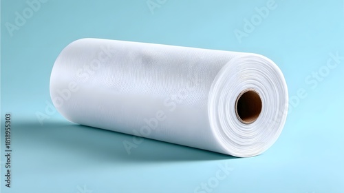Close up studio shot of a tightly wound roll of white non woven fabric material featuring a visible cardboard core and a smooth texture set against a simple clean light blue backdrop