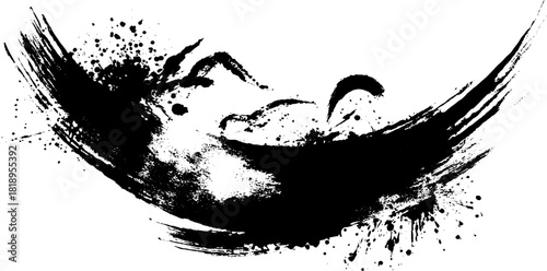 Black ink splatter illustration of a crescent moon silhouette concept for minimalist design