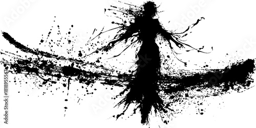 Abstract ink splatter art of silhouette dancing figure in motion