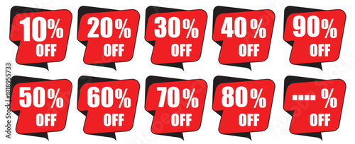 Red discount tags with percentages from 10% to 90% off, plus a generic option, for sales, promotions, and retail marketing, isolated on white background