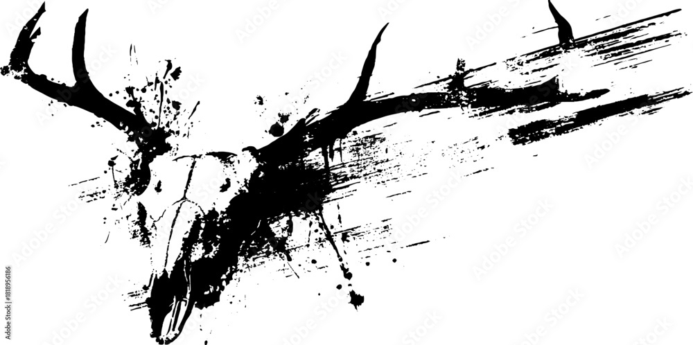 Obraz premium Black ink splatter deer skull silhouette design for posters and tattoos