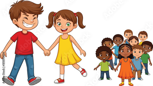 PrintCartoon children, holding hands, diverse group, smiling faces, joyful moment, friendship, unity, colorful illustration, animated style, happy kids, team
