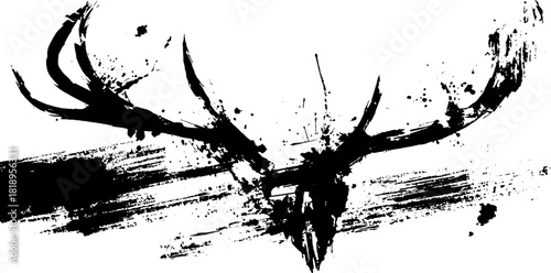 Black ink splatter of a deer skull silhouette - bold artistic illustration for prints and posters