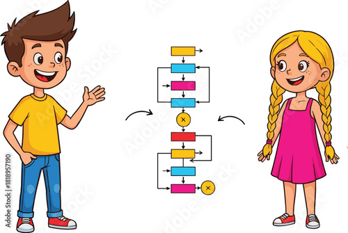 PrintCartoon kids explaining flowchart, educational illustration, programming logic for children, math algorithm concept, colorful blocks, learning, school, teaching