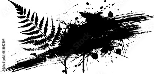 Abstract black ink splatter fern leaf silhouette design for artistic wall art