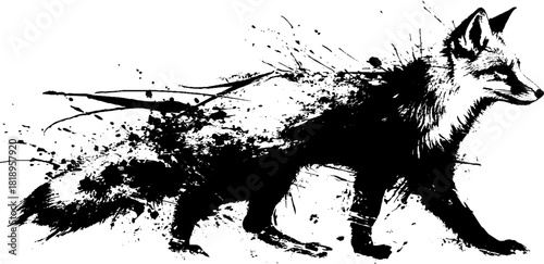 Black ink splatter fox silhouette illustration with artful brushstrokes