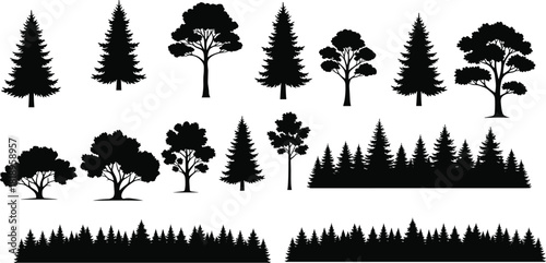 PrintLarge Black Silhouette Vector Set of Diverse Forest Elements Including Coniferous and Deciduous Trees, Plus Seamless Horizontal Tree Borders, for Natural Landscape Graphic Design