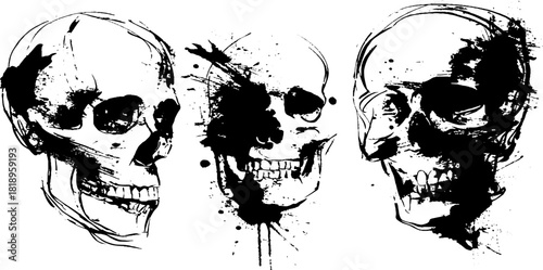 Grunge ink splatter human skull silhouette - artistic hand-drawn illustration
