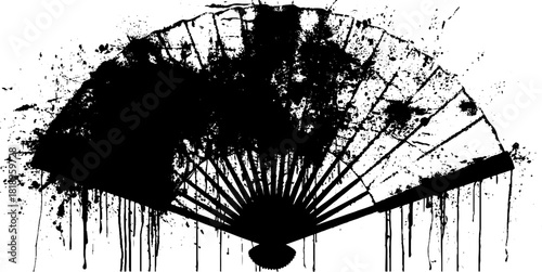 Japanese fan silhouette with black ink splatter design for minimalist decor