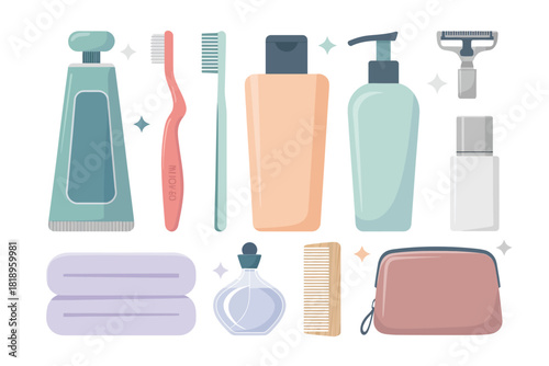 Vector illustration of essential school supplies and stationery items, including a backpack, notebook, ruler, pencil case, crayons, sticky notes, erasers, and colored pencils