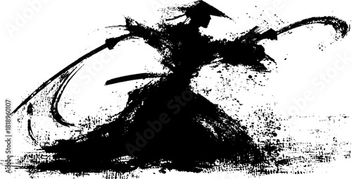 Samurai warrior katana silhouette with dynamic black ink splatter