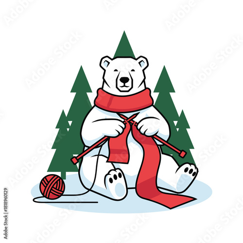 Adorable Polar Bear Knitting a Scarf with Yarn and Needles Surrounded by Evergreen Trees