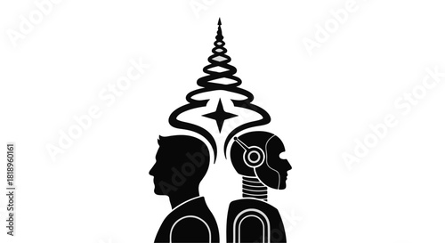 Human and robot profiles merging into a futuristic, intelligent mind