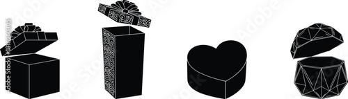 Black silhouette gift boxes and geometric shapes on white background present ribbon