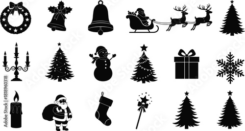 PrintLarge Black Silhouette Vector Set of Traditional Christmas Icons: Santa Claus, Sleigh, Reindeer, Tree, Snowman, Wreath, Candle, and Gift Box, for Holiday Seasonal Design