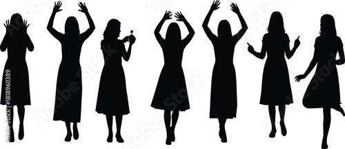 PrintBlack Silhouette Vector Set of Women in Different Dresses and Poses, Expressing Emotions Like Excitement, Shock, Hands Up, and Playful Gestures for Advertising and Design