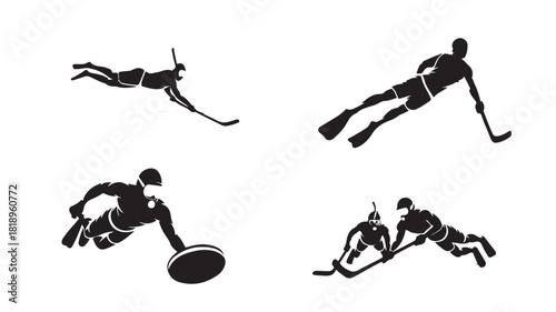 Set of underwater hockey player silhouettes vector illustrations of athletes in action isolated on a white background