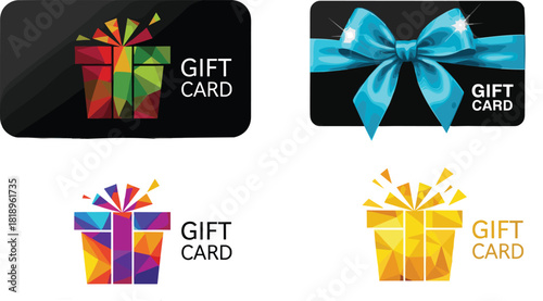 Four gift card designs with abstract geometric presents and text gift box