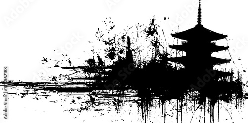 Black ink splatter pagoda silhouette grunge design for asian-inspired art