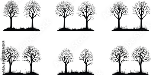Six black silhouette bare trees with grass on white background winter autumn
