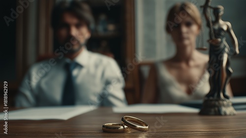 Two golden wedding rings in sharp focus on a wooden desk with a blurred man and woman sitting opposite, alongside legal papers and justice statue, divorce, emotional tension, and legal separation
