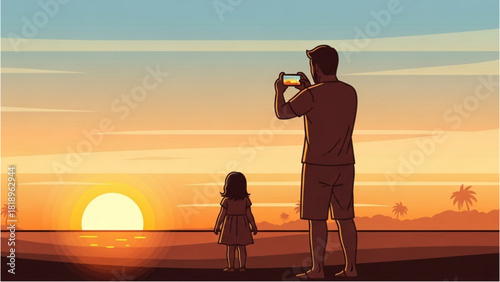 Father and Daughter Capturing Sunset Moment Coastal Scene with Phone Photography