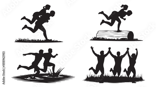 Set of silhouette vector illustrations showing teamwork and collaboration people helping each other isolated on white background