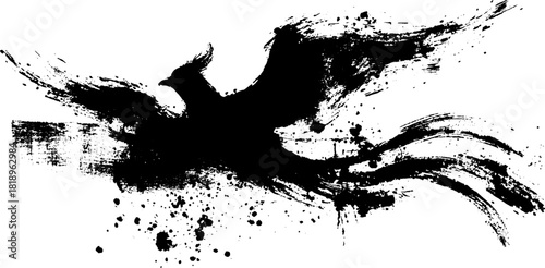 Majestic phoenix in black ink splatter silhouette for artistic design projects