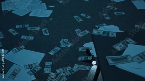 Wallpaper Mural Rack focus view of scattered US dollar bills and papers spread across carpeted floor with black torch near work desk in dim lighting Torontodigital.ca