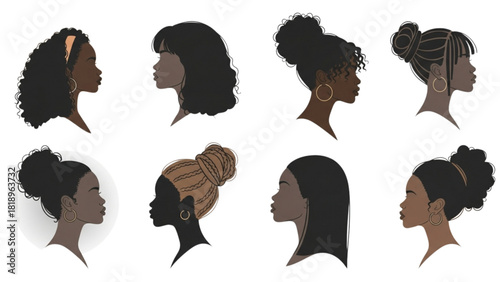 Diverse Black women hairstyles collection illustration, profile view