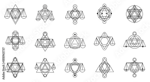 Geometric science-inspired molecule and structural diagrams in clean line style for educational and analytical design use