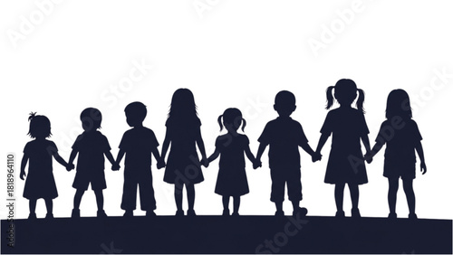 A simple silhouette graphic of a diverse group of children holding hands in unity