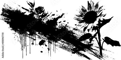 Black ink splatter sunflower silhouette - vintage art for wall decor