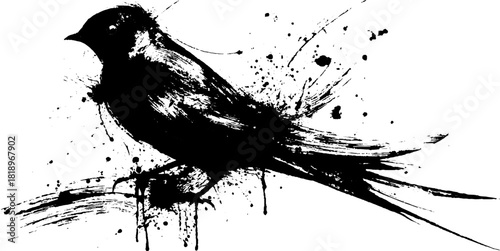 Grunge swallow silhouette in black ink splatter illustration for artistic designs