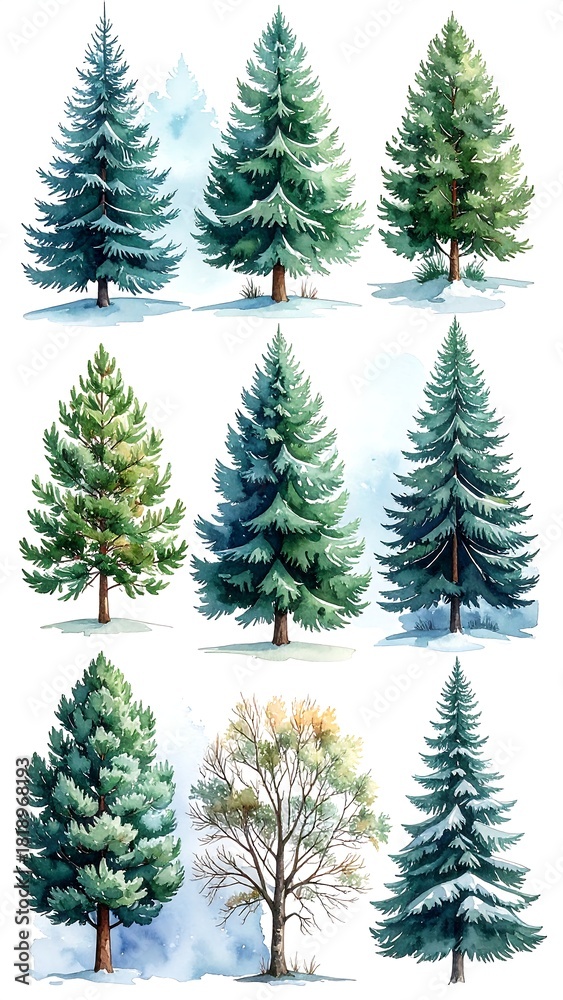 Obraz premium Nine watercolor illustrations of diverse evergreen and deciduous trees