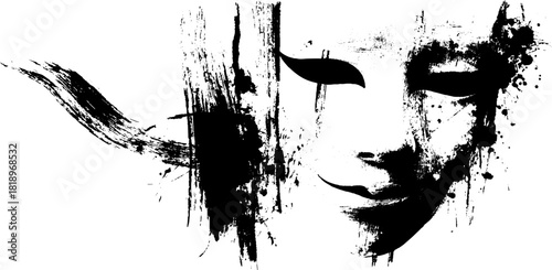 Theatrical mask silhouette with black ink splatter for creative design