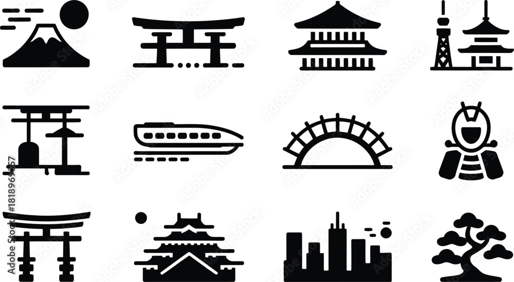 Φωτογραφία Collection of japanese landmarks and cultural symbols in black silhouette includ