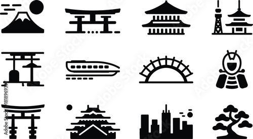 Collection of japanese landmarks and cultural symbols in black silhouette including mount fuji torii gates temples and modern architecture for design projects