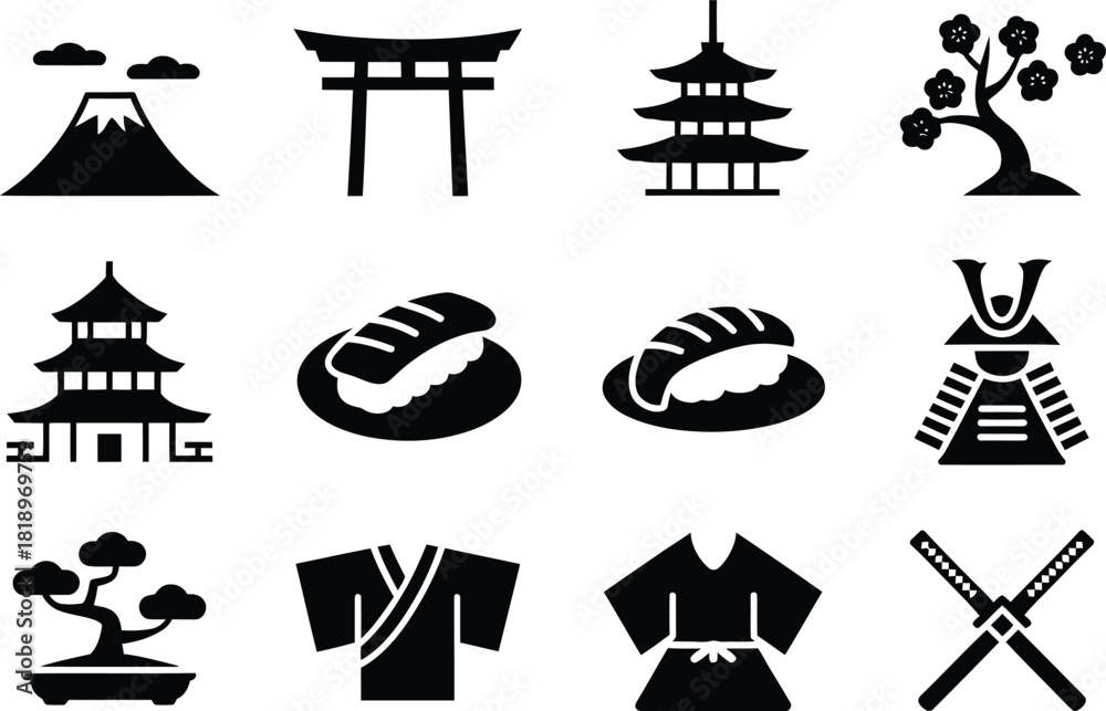 Fototapeta premium Japanese culture icon set featuring mount fuji torii gate pagoda cherry blossom sushi samurai armor kimono bonsai tree and katana swords in black silhouette