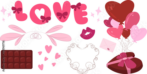 Festive vector clip art set of romantic elements including the word LOVE, chocolate, hearts, heart-shaped balloons, and decorative flourishes, perfect for custom Valentine's Day or wedding designs.