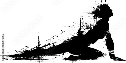 Yoga pose silhouette in black ink splatter style - artistic fitness representation