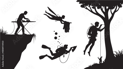 Silhouette of people doing everyday activities in unusual places vector illustration for creative concepts isolated on white background