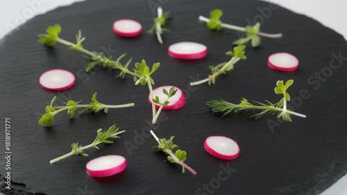 Sliced Radishes and Fresh Green Herbs Scattered on a Dark Slate Surface white pink
