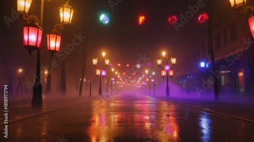 Mysterious Foggy Street Lined with Glowing Lanterns at Night mist