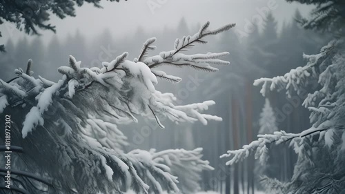 Snow Covered Pine Branches in a Misty Winter Forest Landscape Keywords: snow, winter, forest, pine, tree, branch, nature, landscape