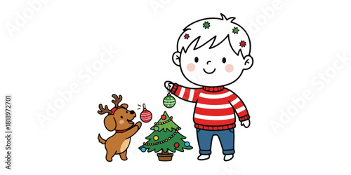 Cute Cartoon Boy Decorating Mini Tree with Puppy in Reindeer Antlers, Festive Doodles Illustration
